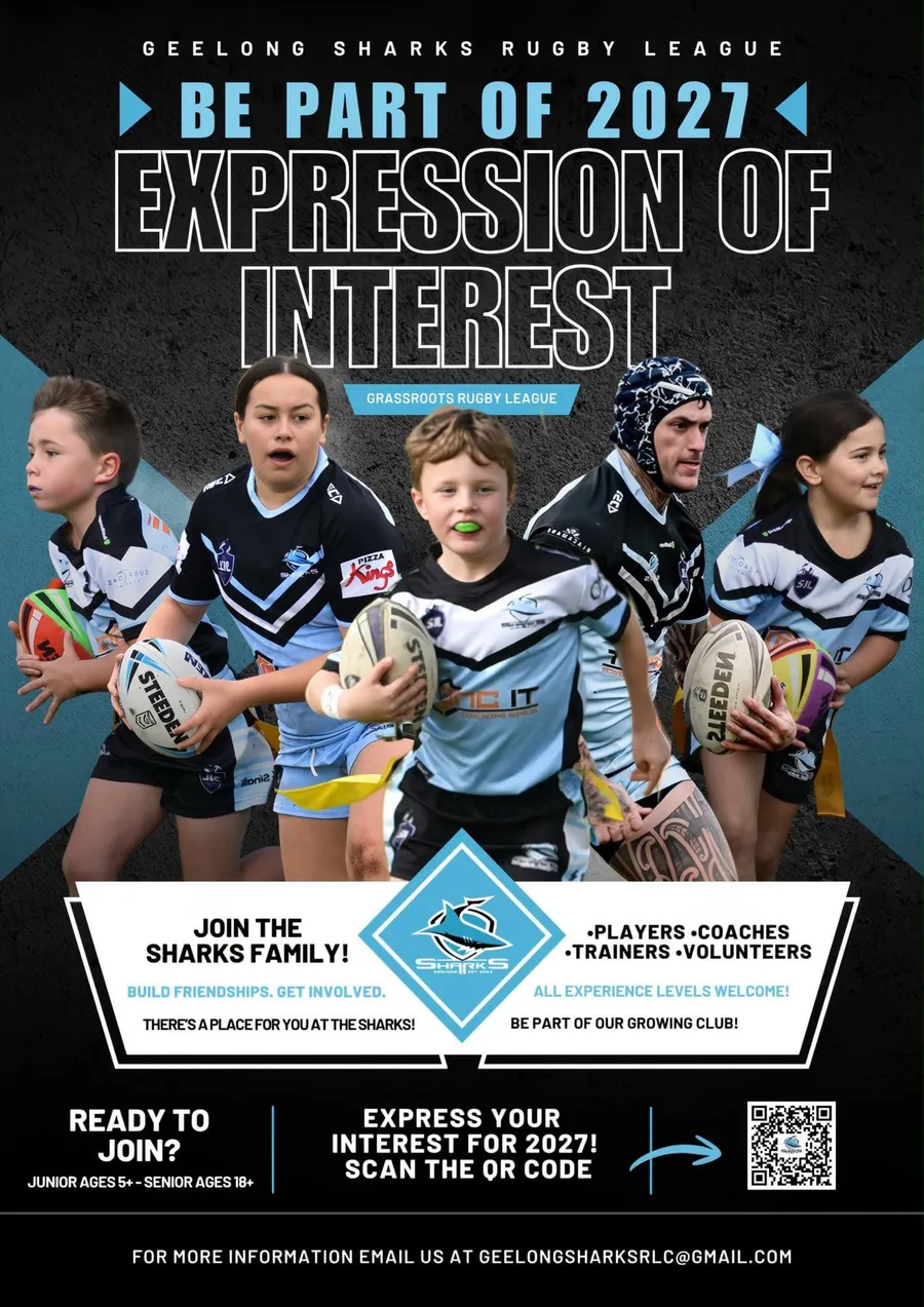 Geelong Sharks expression of interest poster for 2027: join the Sharks family as a player, coach, trainer or volunteer. Juniors ages 5 and up, seniors 18 and up — scan the QR code or email geelongsharksrlc@gmail.com.